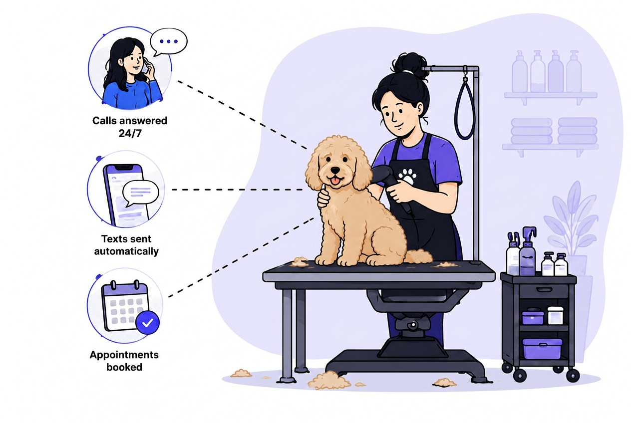 Dog groomer with a doodle illustrating Retrevr answering calls, sending texts, and booking appointments