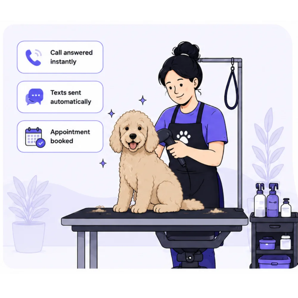 A calm, organized grooming salon with Retrevr handling the phones